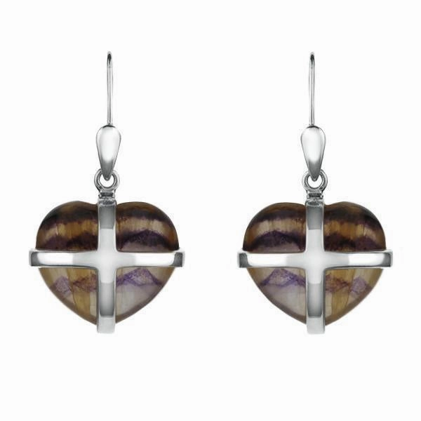 Sterling Silver Blue John Small Cross Heart Drop Earrings