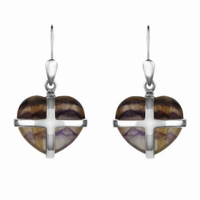 Sterling Silver Blue John Small Cross Heart Drop Earrings