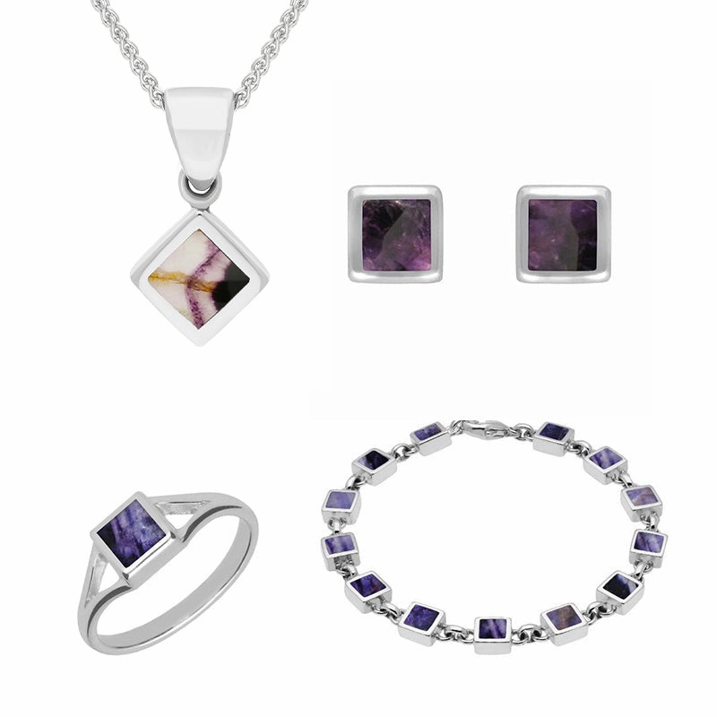 Sterling Silver Blue John Square Four Piece Set