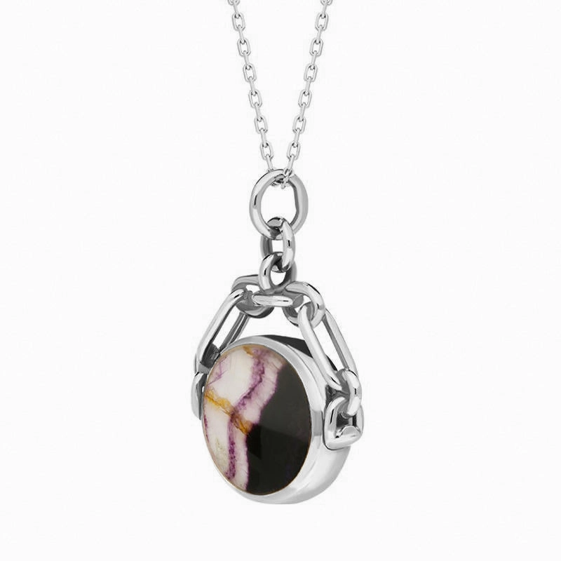 Sterling Silver Blue John White Mother Of Pearl Double Sided Swivel Fob Necklace