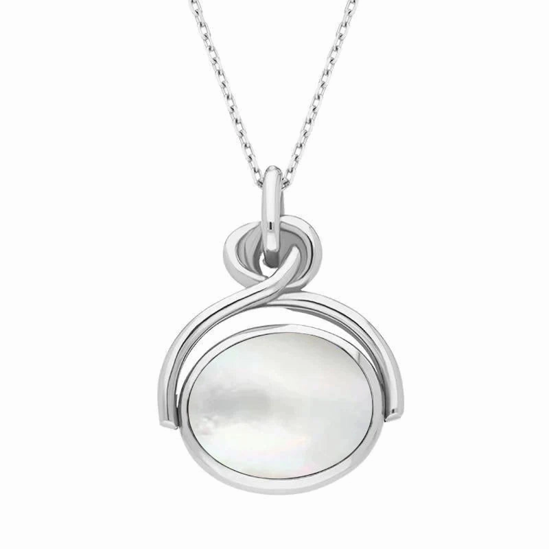 Sterling Silver Blue John White Mother of Pearl Oval Swivel Fob Necklace