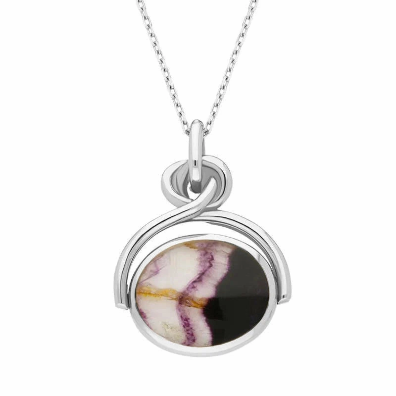Sterling Silver Blue John White Mother of Pearl Oval Swivel Fob Necklace