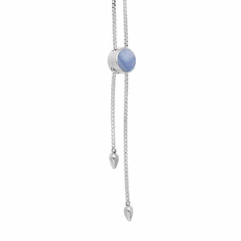 Sterling Silver Blue Lace Agate Lineaire Round Stone Adjustable Necklace