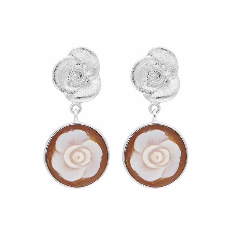 Sterling Silver Cameo Round Rose Drop Earrings D