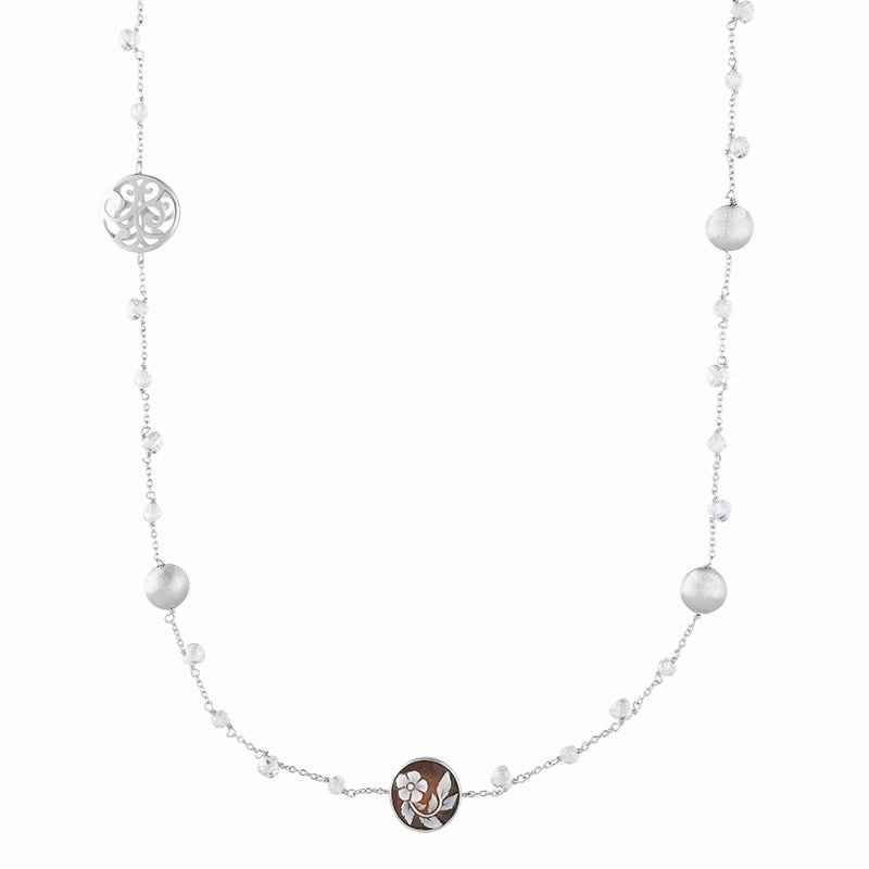 Sterling Silver Cubic Zirconia Cameo Round Flower Necklace D