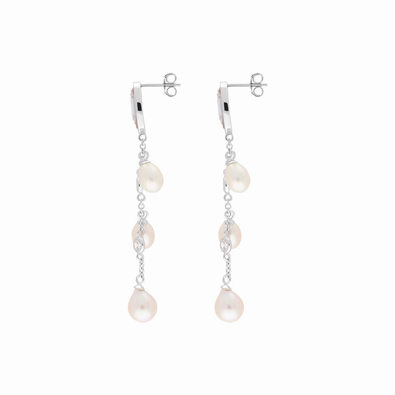 Sterling Silver Cubic Zirconia Pearl Cameo Oval Flower Drop Earrings D