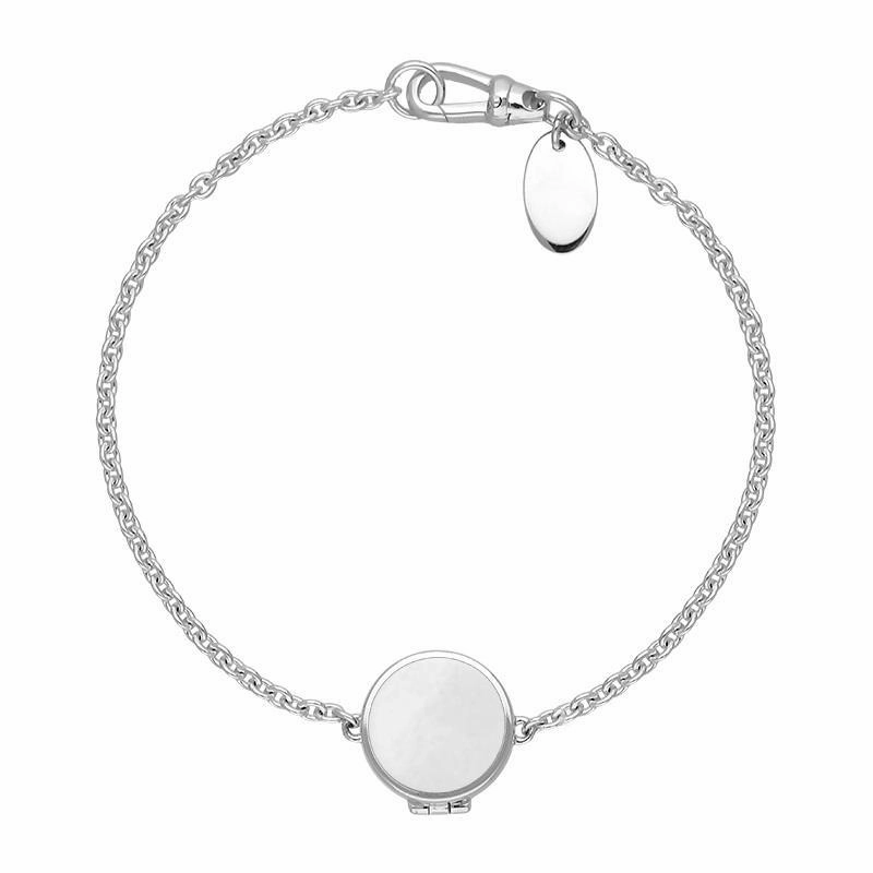 Sterling Silver Dark Mother of Pearl Round Locket Chain Bracelet