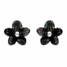 Sterling Silver Dark Mother of Pearl Tuberose 8mm Pansy Stud Earrings
