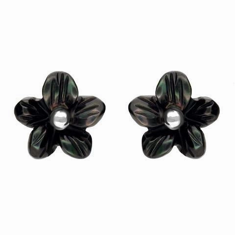 Sterling Silver Dark Mother of Pearl Tuberose 8mm Pansy Stud Earrings