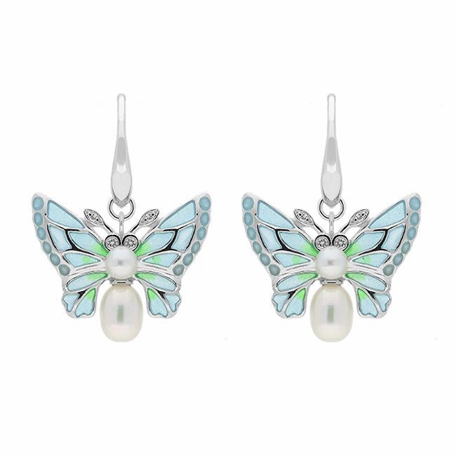 Sterling Silver Diamond Pearl Enamel Style & Fashion Butterfly Drop Earrings