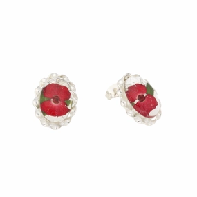Sterling Silver Floral Poppy Oval Stud Earrings