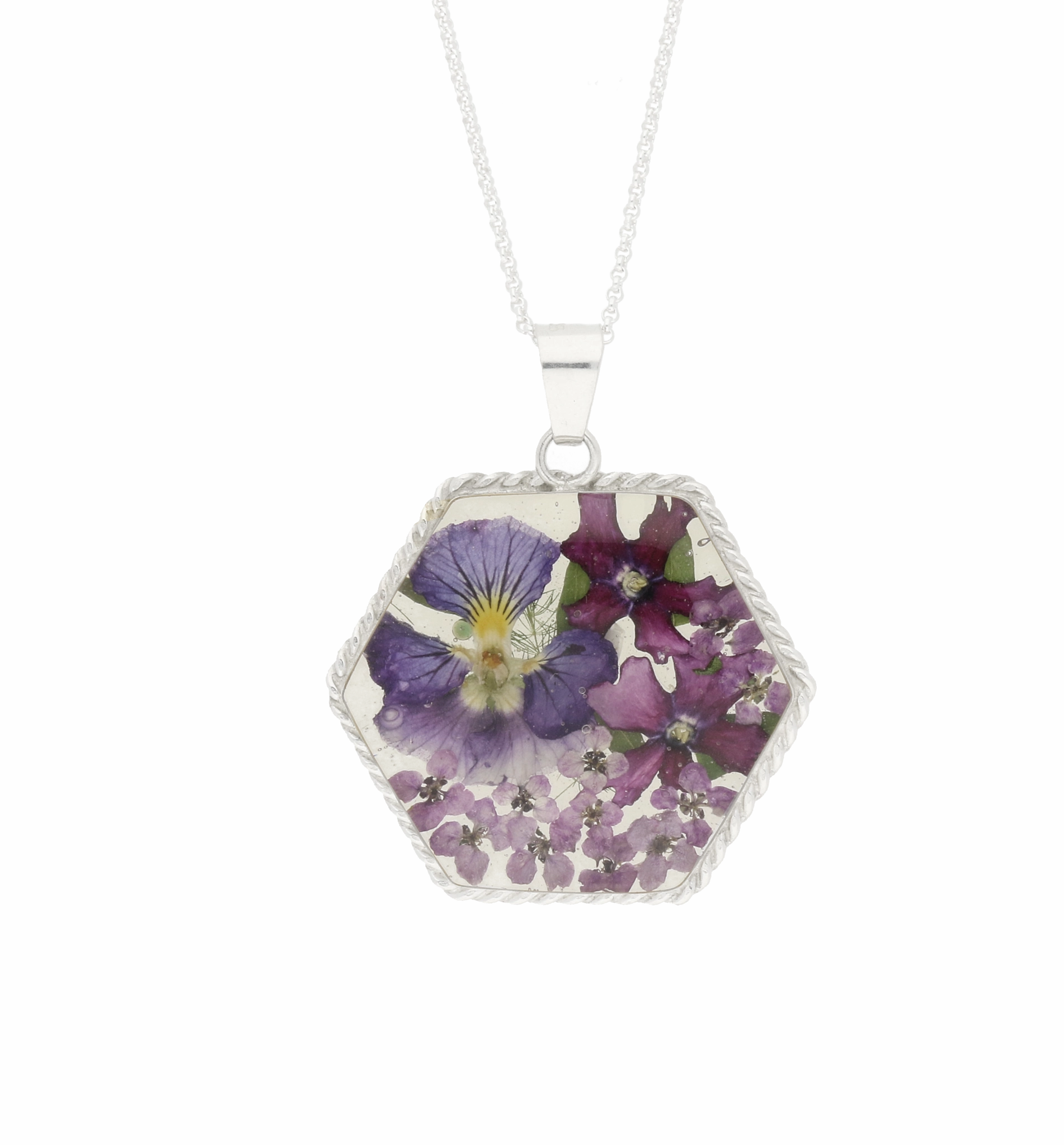 Sterling Silver Floral Purple Petal Large Hexagonal Necklace