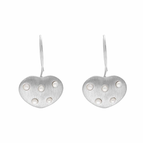 Sterling Silver Freshwater Pearl Brushed Heart Drop Earrings D