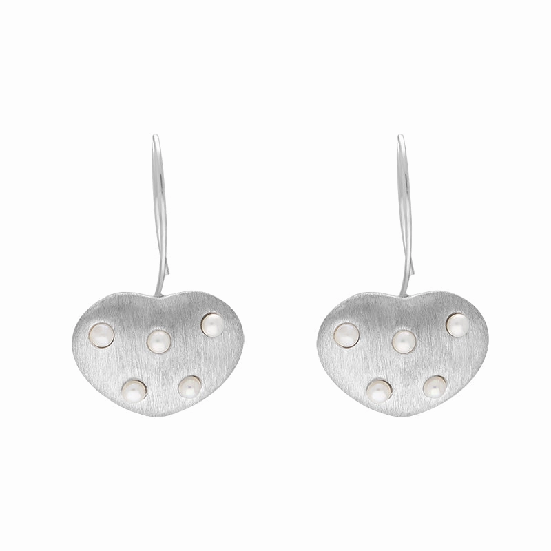 Sterling Silver Freshwater Pearl Brushed Heart Drop Earrings D