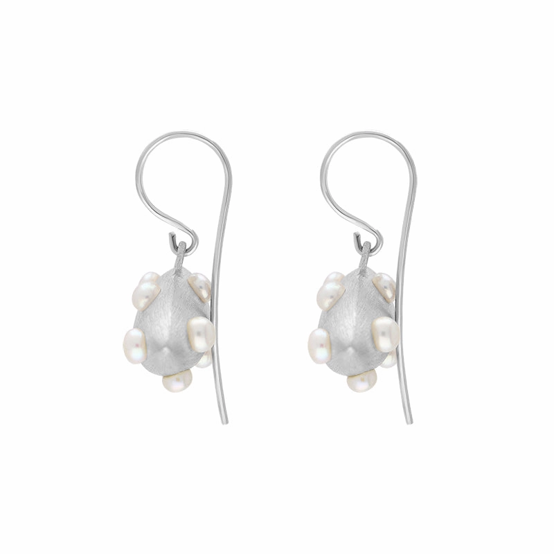 Sterling Silver Freshwater Pearl Brushed Horizontal Marquise Drop Earrings D