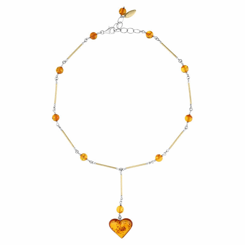 Sterling Silver Gold Plated Amber Bar Beaded Heart Necklace D