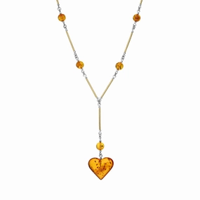 Sterling Silver Gold Plated Amber Bar Beaded Heart Necklace D