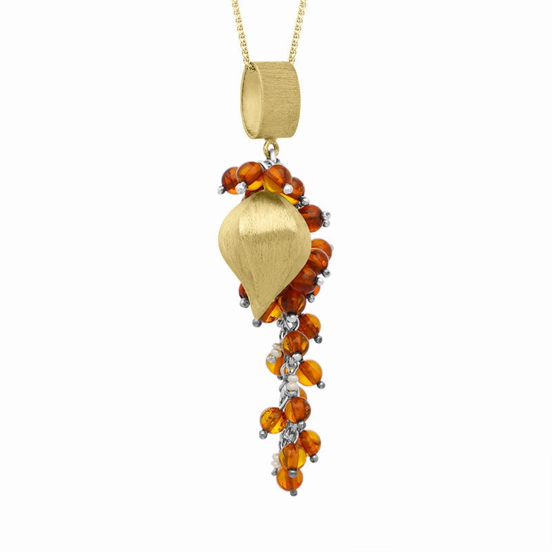 Sterling Silver Gold Plated Amber Freshwater Pearl Pendant Necklace D