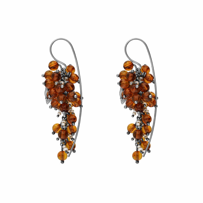 Sterling Silver Gold Plated Amber Pearl Bead Drop Earrings D