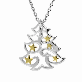 Sterling Silver Gold Plated Christmas Tree with Stars Necklace