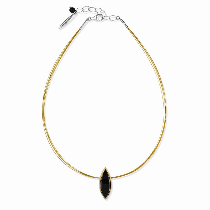 Sterling Silver Gold Plated Whitby Jet Marquise Necklace D