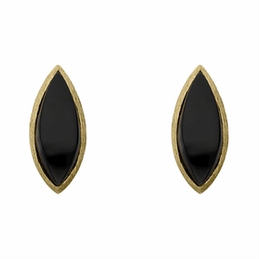Sterling Silver Gold Plated Whitby Jet Marquise Stud Earrings D