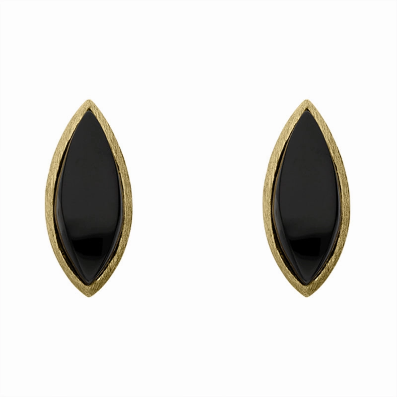 Sterling Silver Gold Plated Whitby Jet Marquise Stud Earrings D