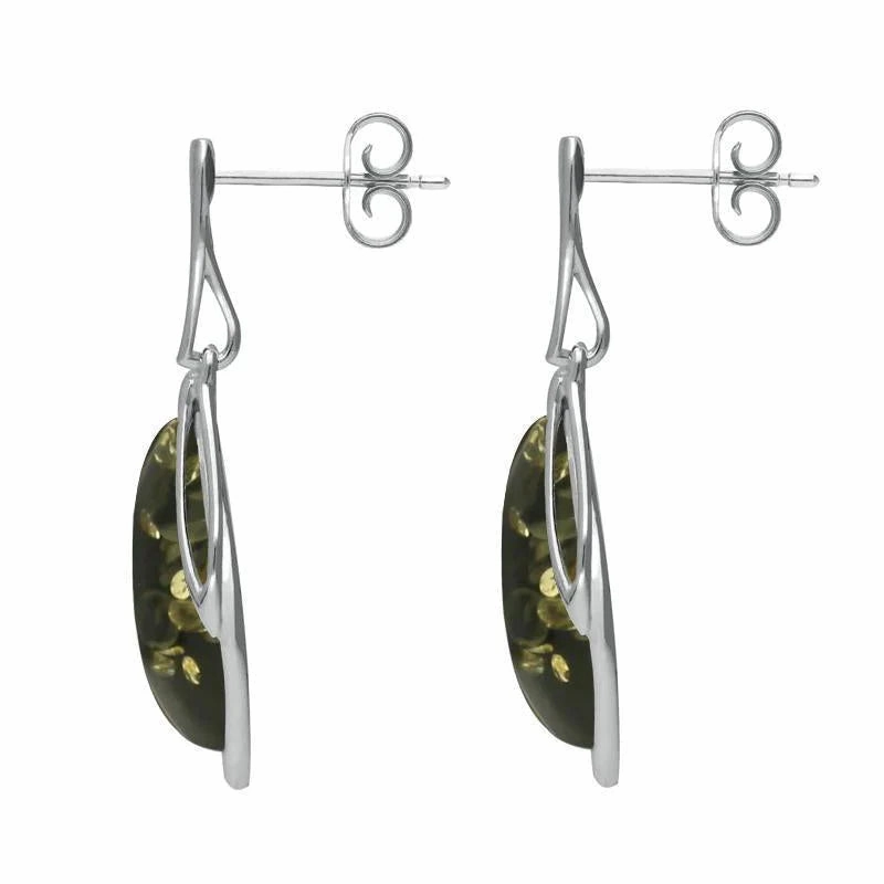 Sterling Silver Green Amber Open Marquise Drop Earrings