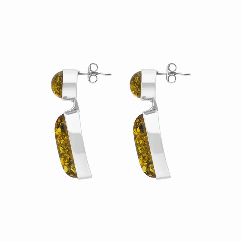 Sterling Silver Green Amber Round Top Marquise Drop Earrings D