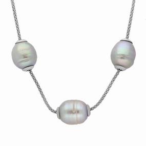 Sterling Silver Grey Baroque Pearl Three Bead Necklace