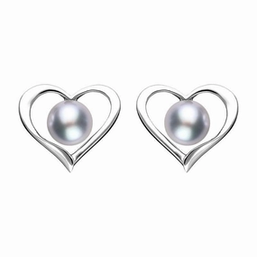 Sterling Silver Grey Pearl Open Heart Stud Earrings
