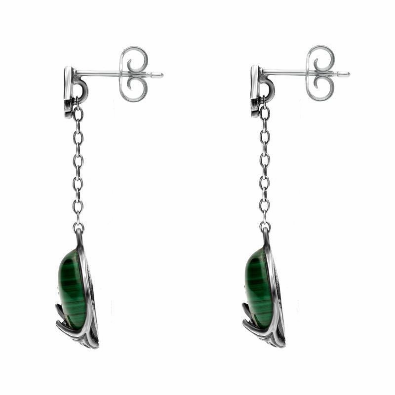 Sterling Silver Malachite Acanthus Leaf Round Chain Drop Earrings
