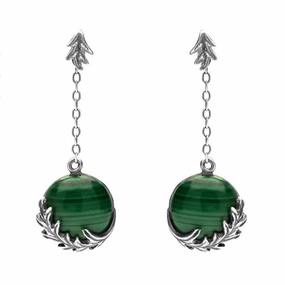 Sterling Silver Malachite Acanthus Leaf Round Chain Drop Earrings