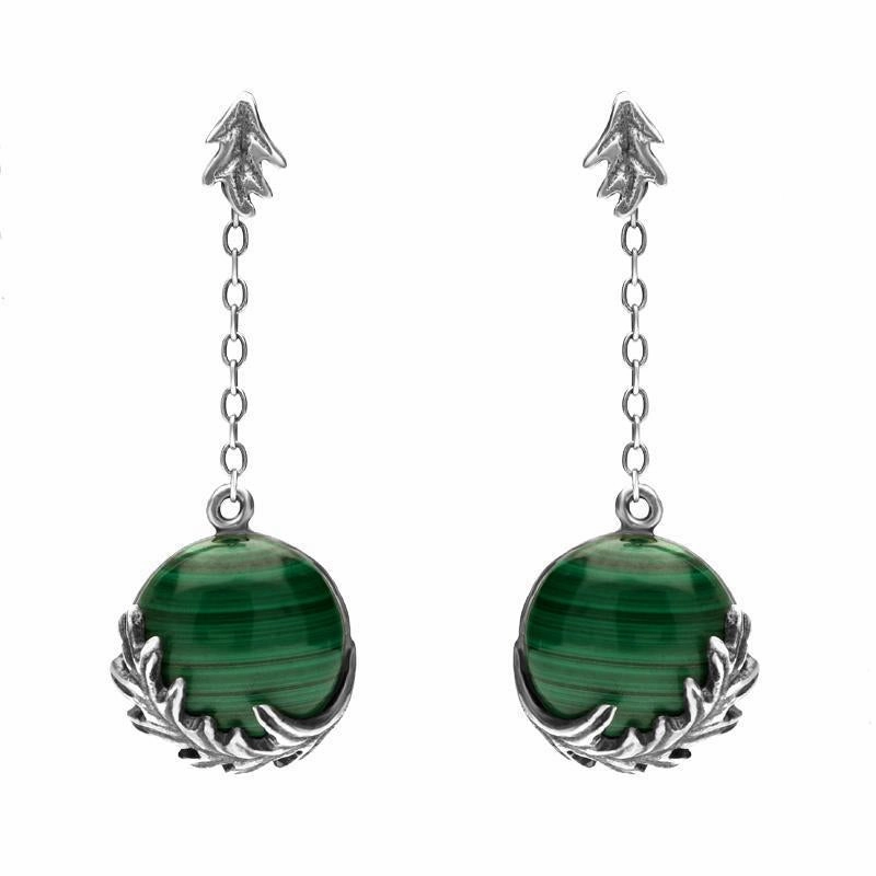 Sterling Silver Malachite Acanthus Leaf Round Chain Drop Earrings