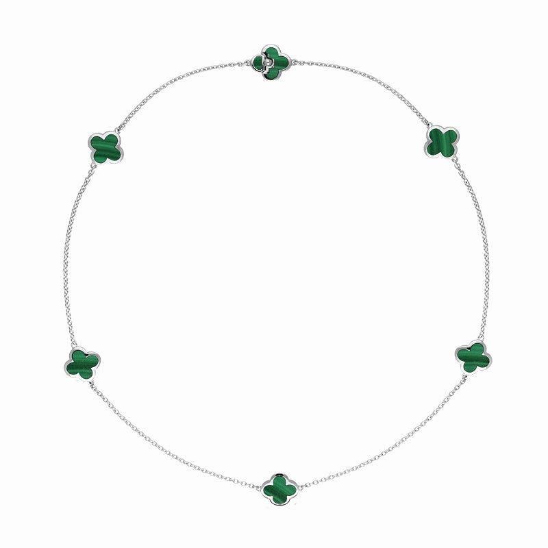 Sterling Silver Malachite Bloom Six Stone Four Leaf Clover Chain Necklet D