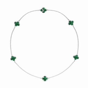 Sterling Silver Malachite Bloom Six Stone Four Leaf Clover Chain Necklet D