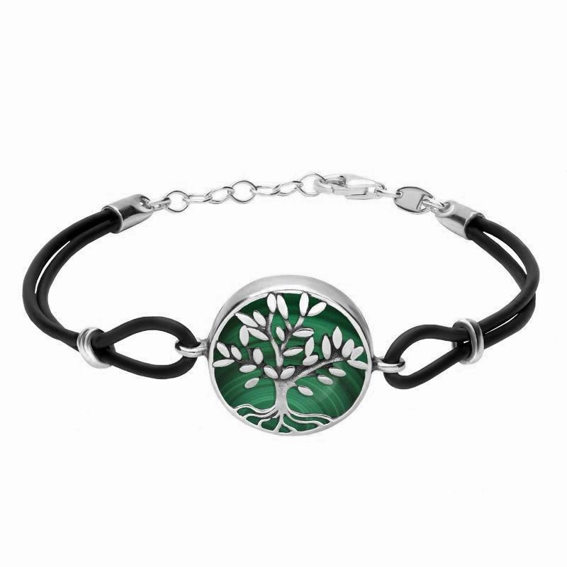 Sterling Silver Malachite Cord Round Large Leaves Tree Of Life Bracelet
