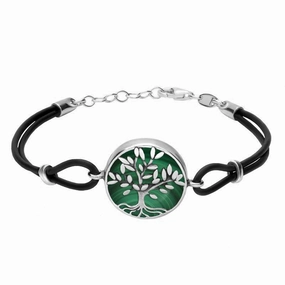 Sterling Silver Malachite Cord Round Large Leaves Tree Of Life Bracelet