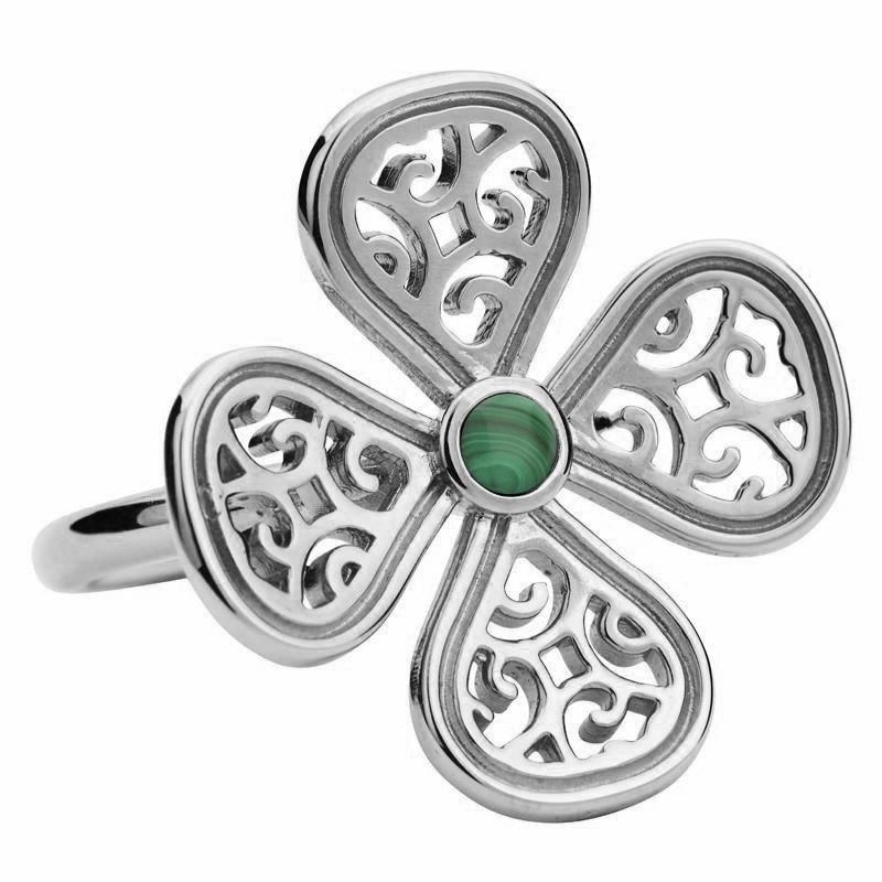Sterling Silver Malachite Flore Four Petal Filigree Ring