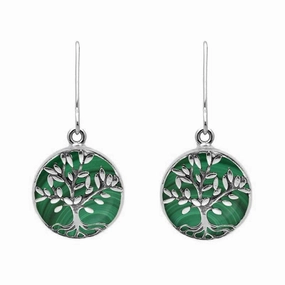 Sterling Silver Malachite Round Large Tree of Life Leaves Drop Earrings
