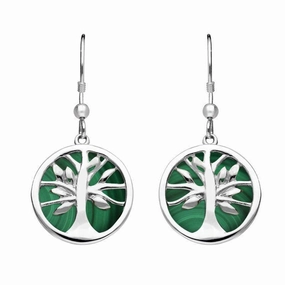 Sterling Silver Malachite Round Tree of Life Drop Earrings