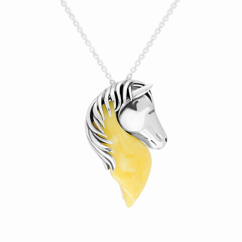 Sterling Silver Milky Amber Large Horse Head Necklace