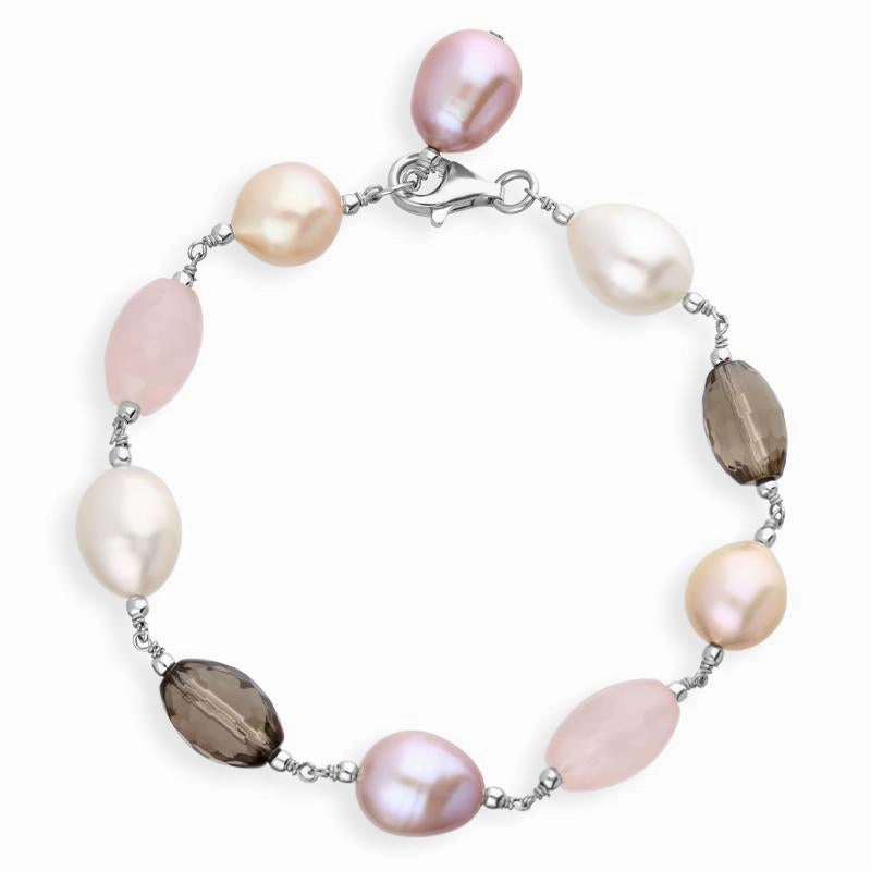 Sterling Silver Multi-coloured Pearl and Quartz Bead Bracelet D