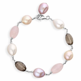 Sterling Silver Multi-coloured Pearl and Quartz Bead Bracelet D