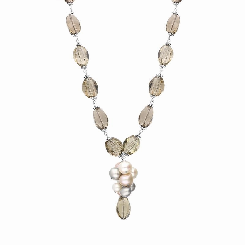 Sterling Silver Multi-coloured Pearl and Quartz Bead Drop Necklace D