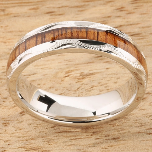 Sterling Silver Natural Koa Wood Hand-Made Scroll Oval Wedding Ring 6mm