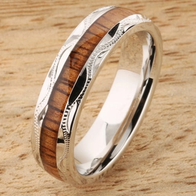 Sterling Silver Natural Koa Wood Hand-Made Scroll Oval Wedding Ring 6mm