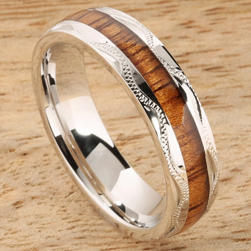 Sterling Silver Natural Koa Wood Hand-Made Scroll Oval Wedding Ring 6mm