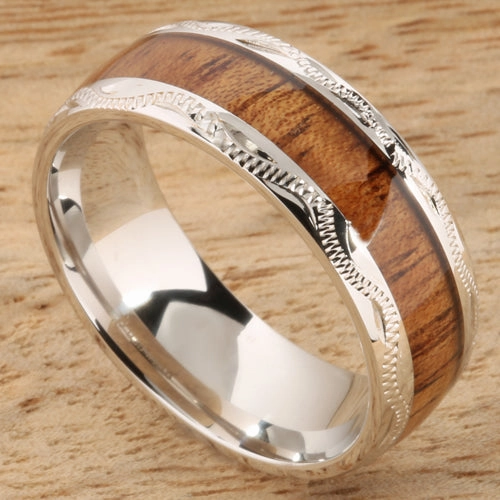 Sterling Silver Natural Koa Wood Hand-Made Scroll Oval Wedding Ring 8mm