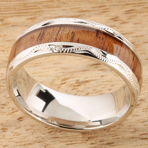 Sterling Silver Natural Koa Wood Hand-Made Scroll Oval Wedding Ring 8mm